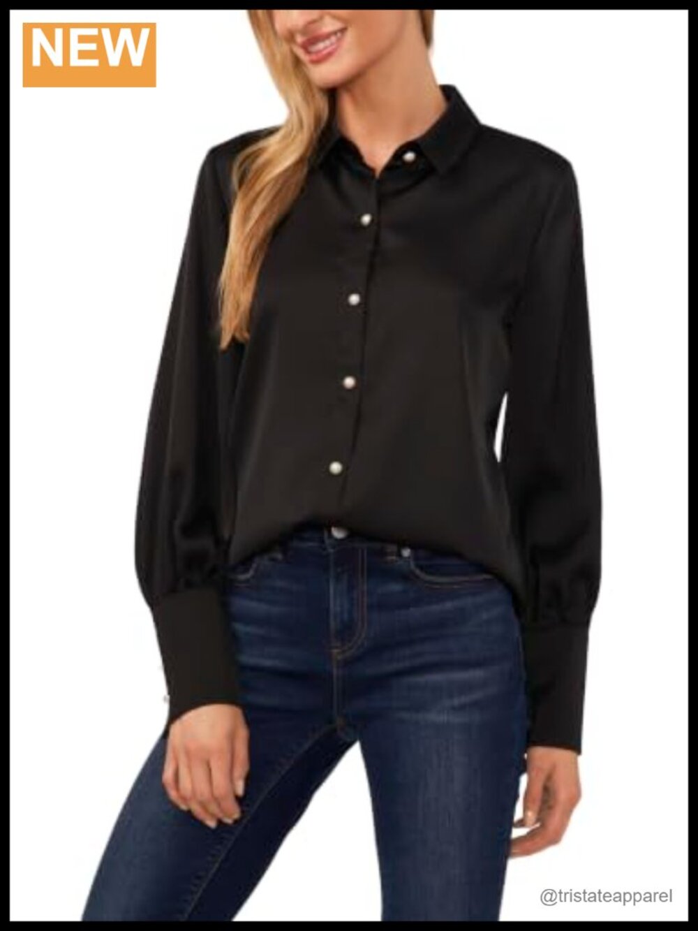CeCe Women's Satin Long Sleeve Button Down Collared Blouse